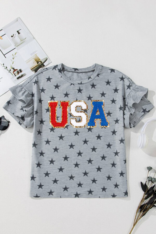 Gray USA Letter Patched Star Printed Ruffle Trim Sleeves Loose Tee