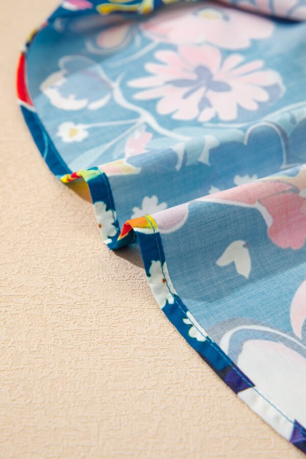 Blue Flower Print Collared V Neck Puff Short Sleeve Loose Blouse