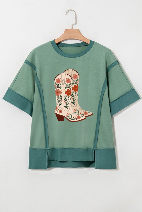Smoke Green Floral Boots Printed Raw Seam Mix Texture Patchwork Tee