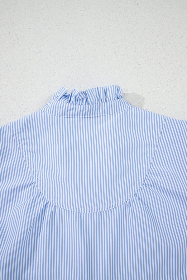 Sky Blue Stripe Ruffled Collar Puff Sleeve Half Buttons Blouse