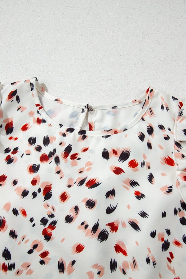 Beige Abstract Print Ruffle Flutter Sleeve Keyhole Back Slim Blouse