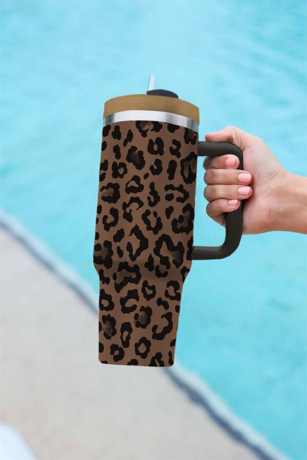 Coffee Leopard Print Handle Stainless Steel Large Vacuum Cup 40oz