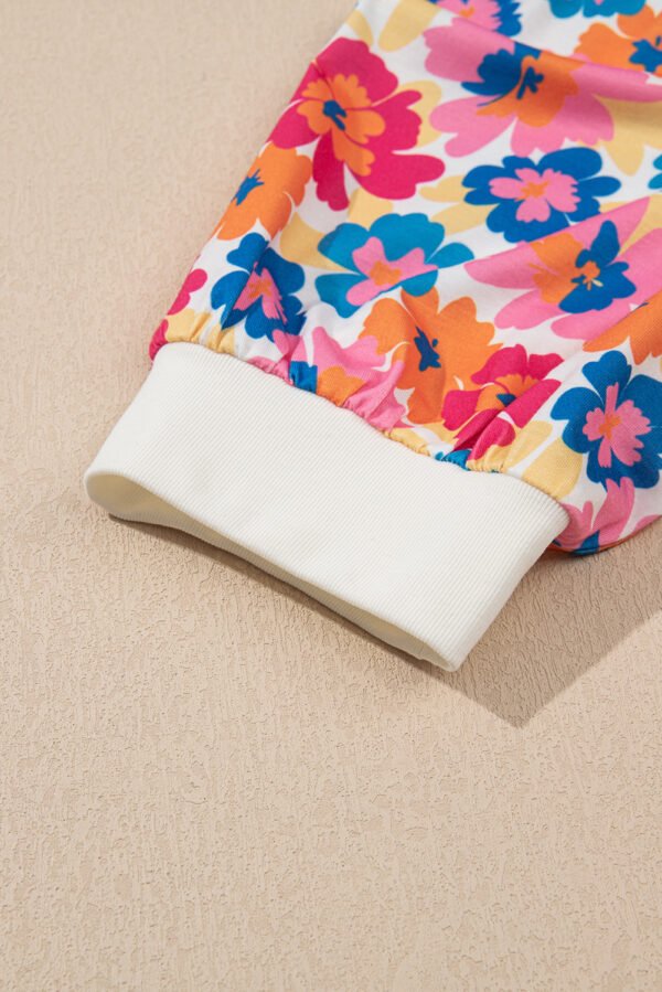 Beige Floral Puff Sleeve Patchwork Round Neck Top