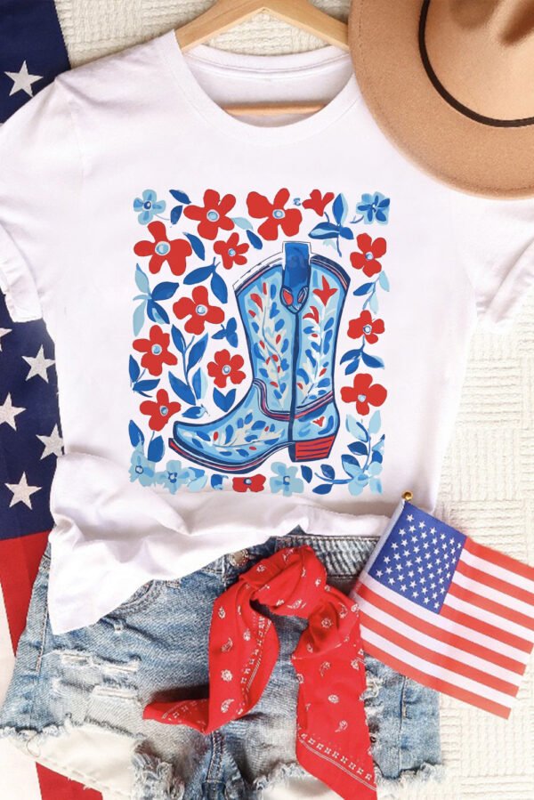 White Floral Western Boots Printed Cotton Blend T Shirt