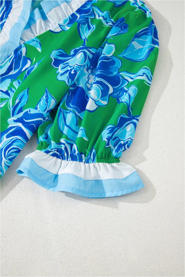 Bright Green Floral Frilled V Neck Short Sleeve Blouse Top
