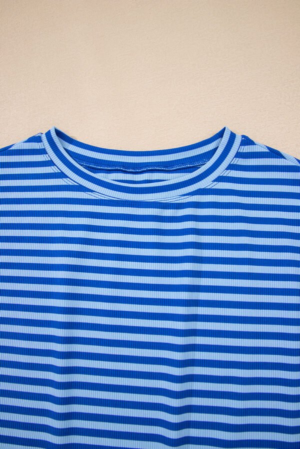 Sky Blue Stripe Ribbed Cap Sleeve Round Neck T Shirt