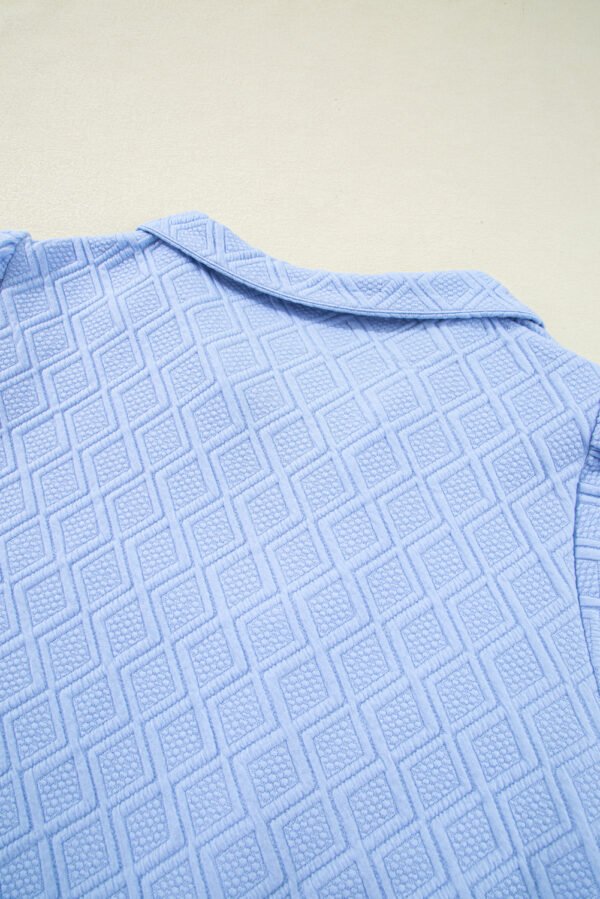 Beau Blue Contrast Striped Trim Zipped Stand Collar Textured Puff Sleeve Plus Size T Shirt Dress
