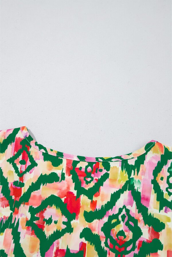 Green Abstract Print V Neck Short Sleeve Blouse