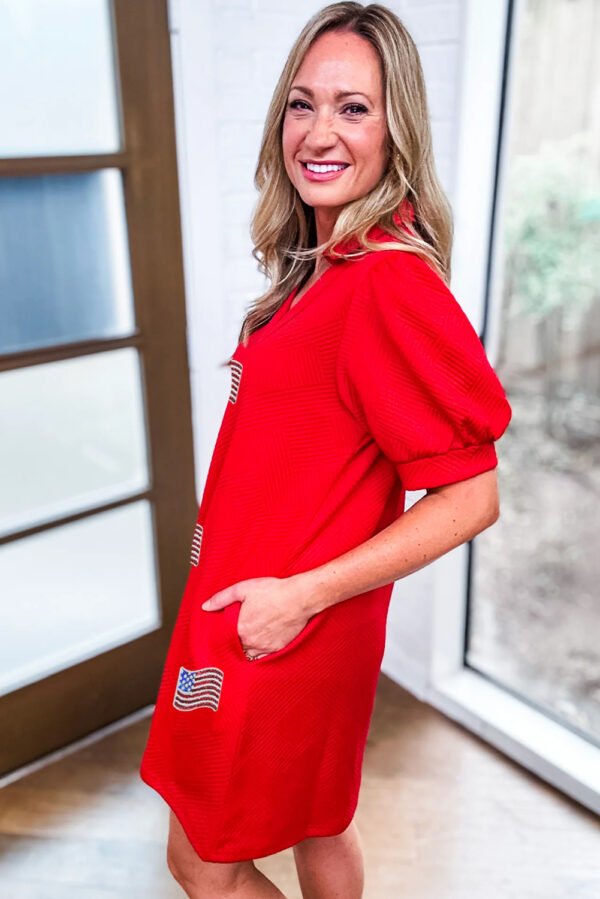 Fiery Red Sequin American Flag Patched Polo Collar Textured T Shirt Dress