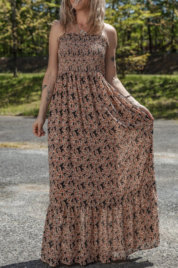 Brown Floral Smocked Bodice High Waist Flowy Sun Dress