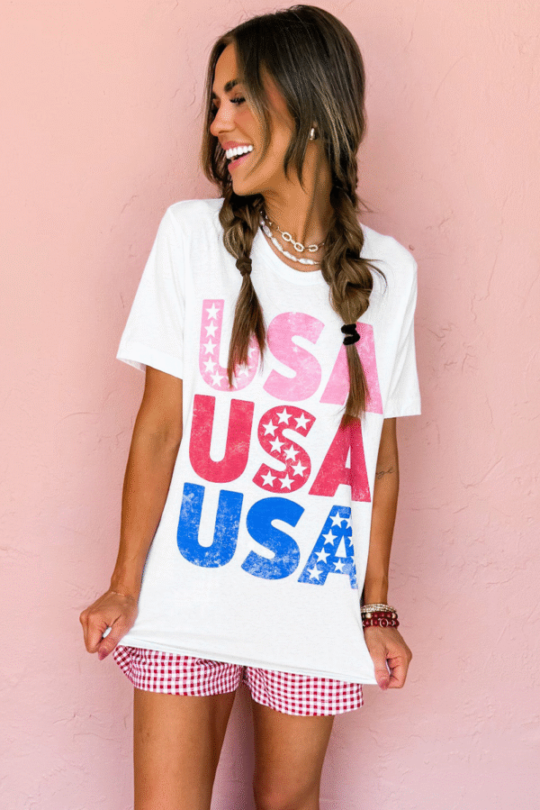 White USA Starry Letter Graphic Cotton Blend T Shirt
