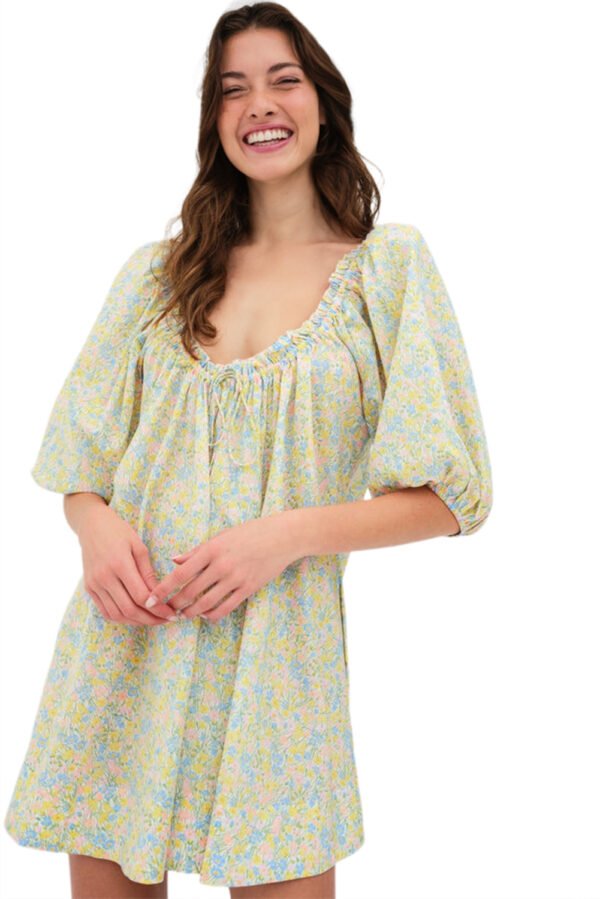 Green Floral Half Sleeve Frilled U Neck A-line Short Dress