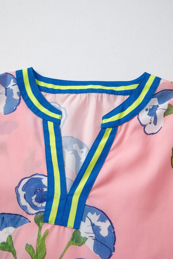 Pink Floral Print Striped Notched V Neck Bubble Sleeve Blouse