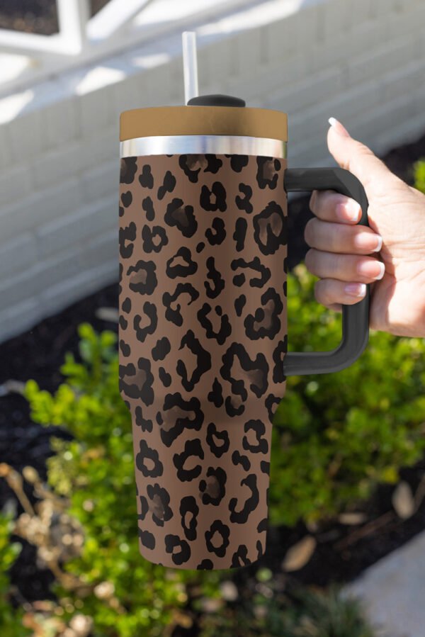 Coffee Leopard Print Handle Stainless Steel Large Vacuum Cup 40oz