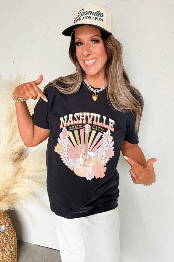 Black Nashville Music City Guitar Angel Wing Graphic Tee
