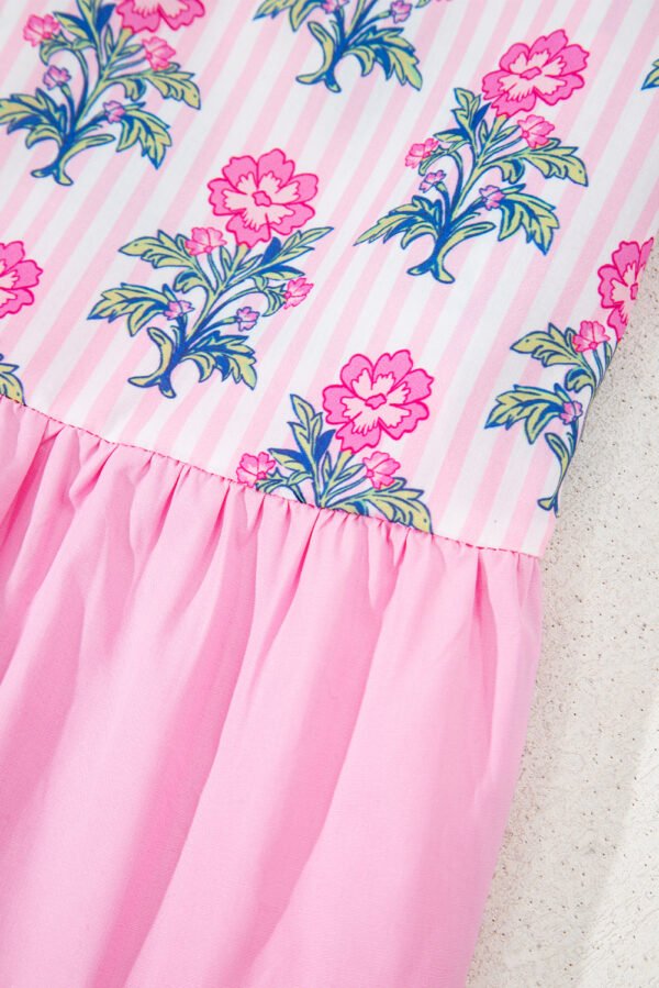 Rose Floral Striped Print Contrast Patchwork Ruffle Hem Blouse