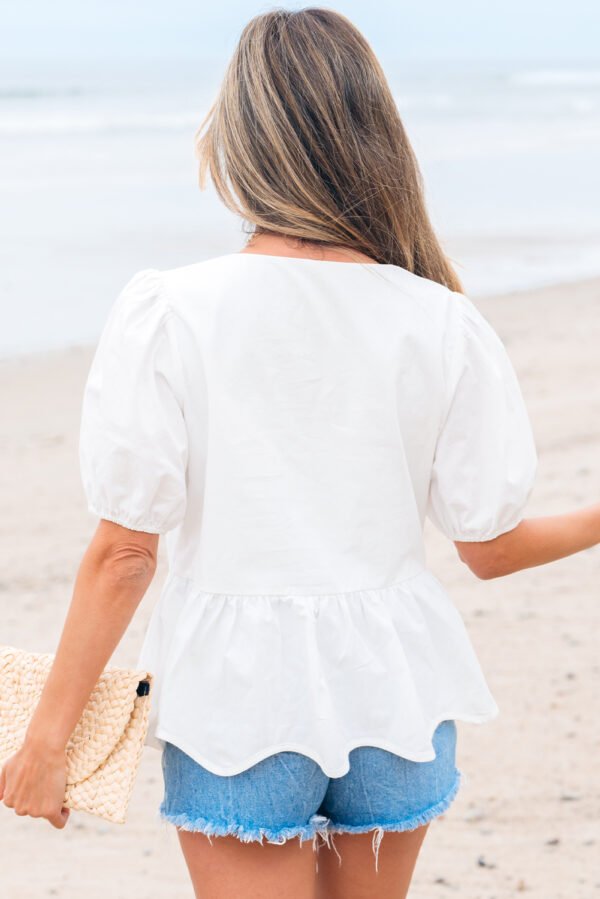 White Bow Knot Decor Square Neck Puff Sleeve Peplum Top