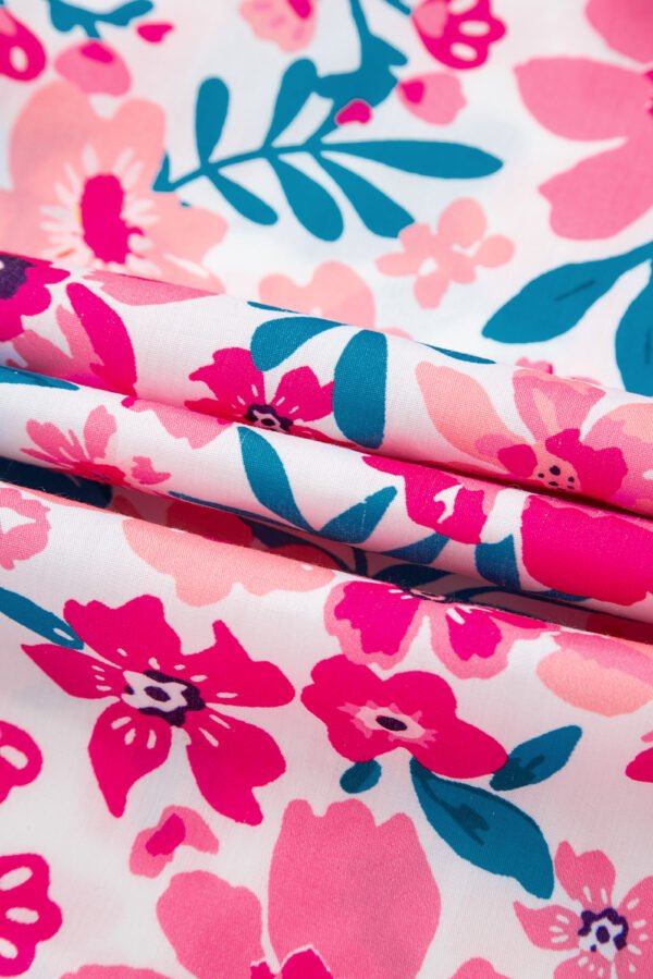 Pink Floral Print Contrast Striped Detail Short Sleeve Blouse