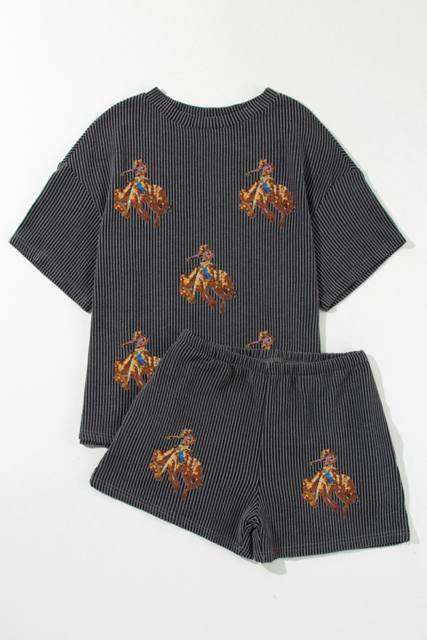 Carbon Grey Western Rodeo Graphic Patched 3D Ribbed Short 2pcs Outfit