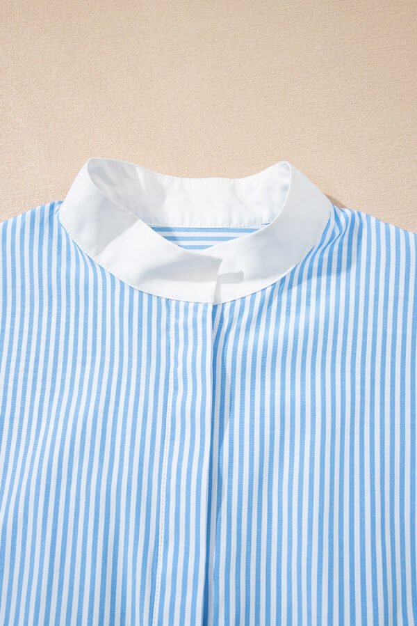 Sky Blue Stripe Contrast Collar Patchwork Hidden Button Short Sleeve Summer Shirt
