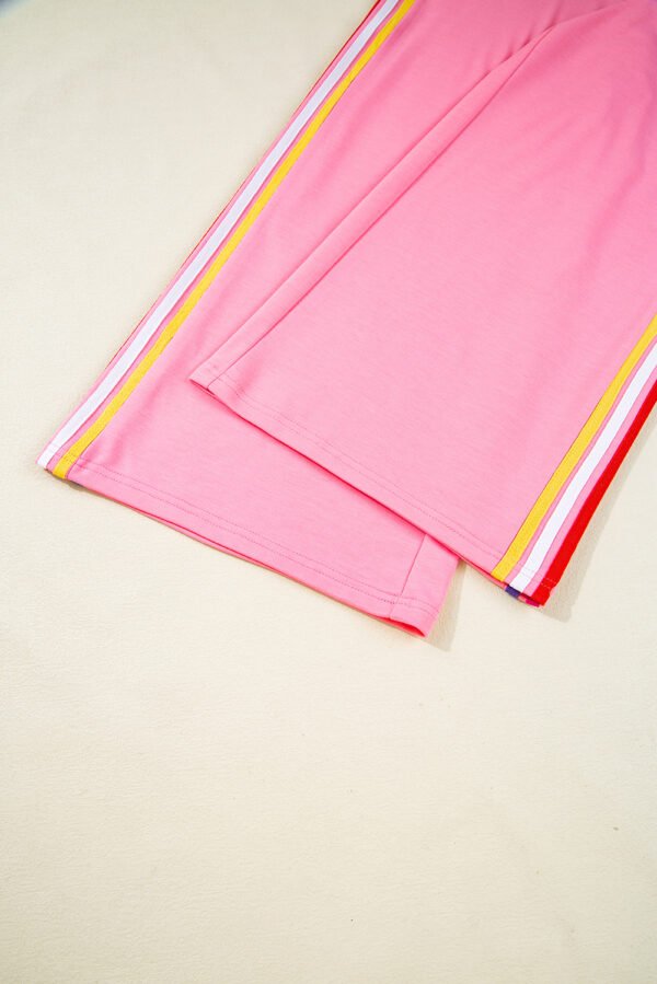 Bonbon Color Contrast Crewneck T Shirt and Wide Leg High Waist Pants Set