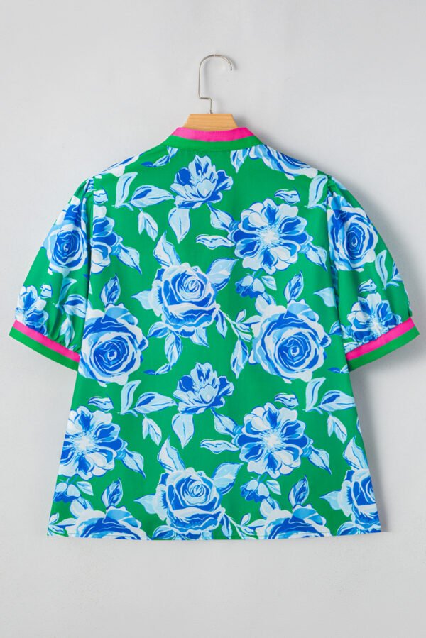 Green Floral Print Short Puff Sleeve Plus Size Top