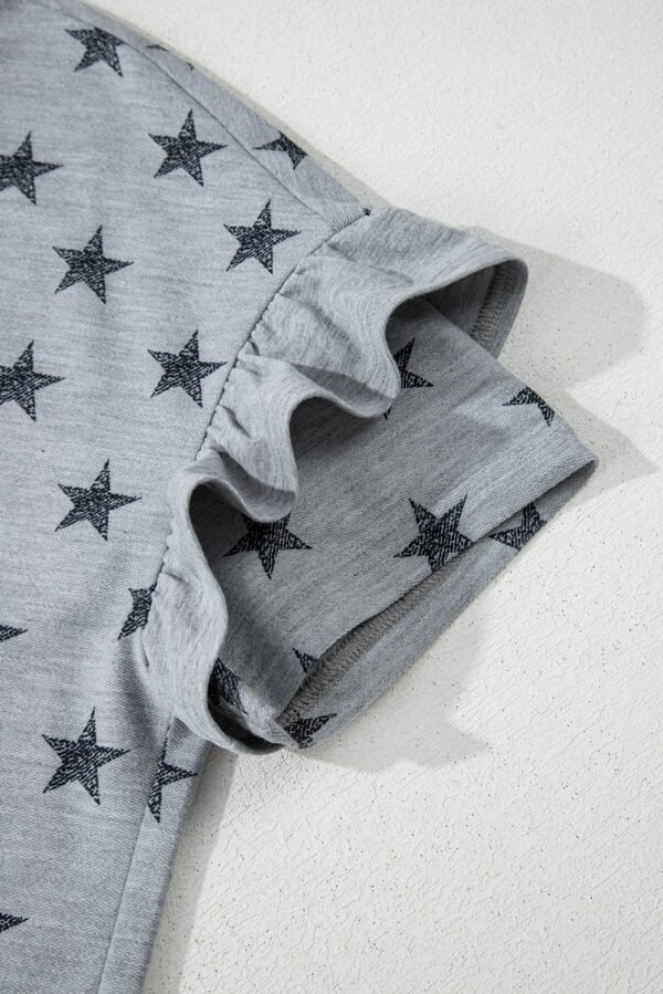 Gray Star Print Tiered Ruffled Sleeve Crew Neck T Shirt