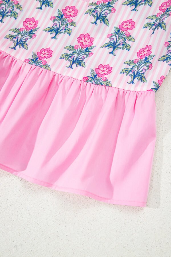 Rose Floral Striped Print Contrast Patchwork Ruffle Hem Blouse