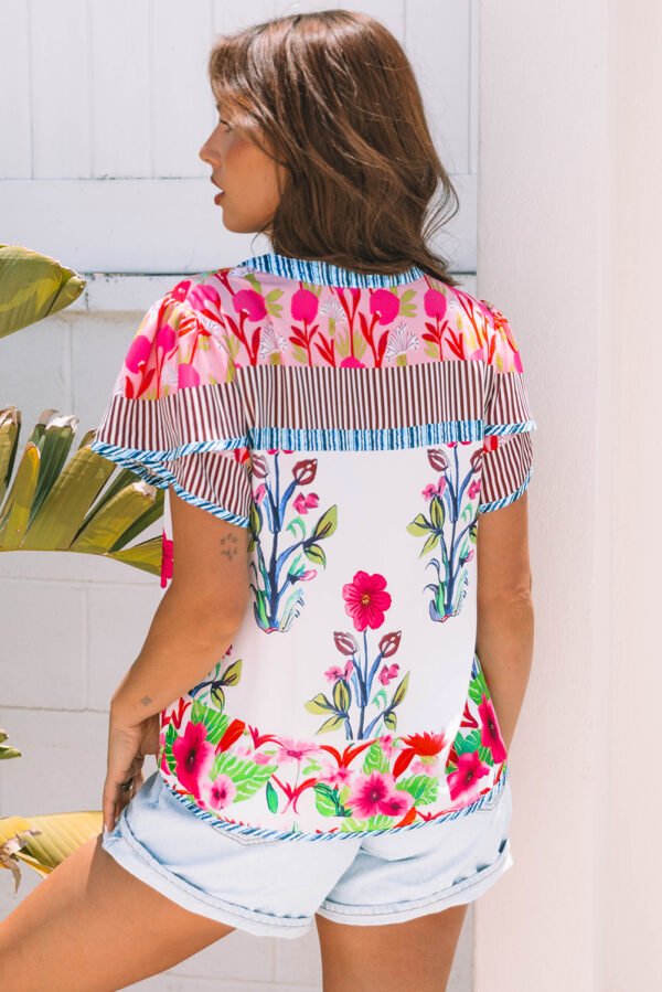Pink Floral Striped Patchwork Short Sleeve Split Neck Blouse