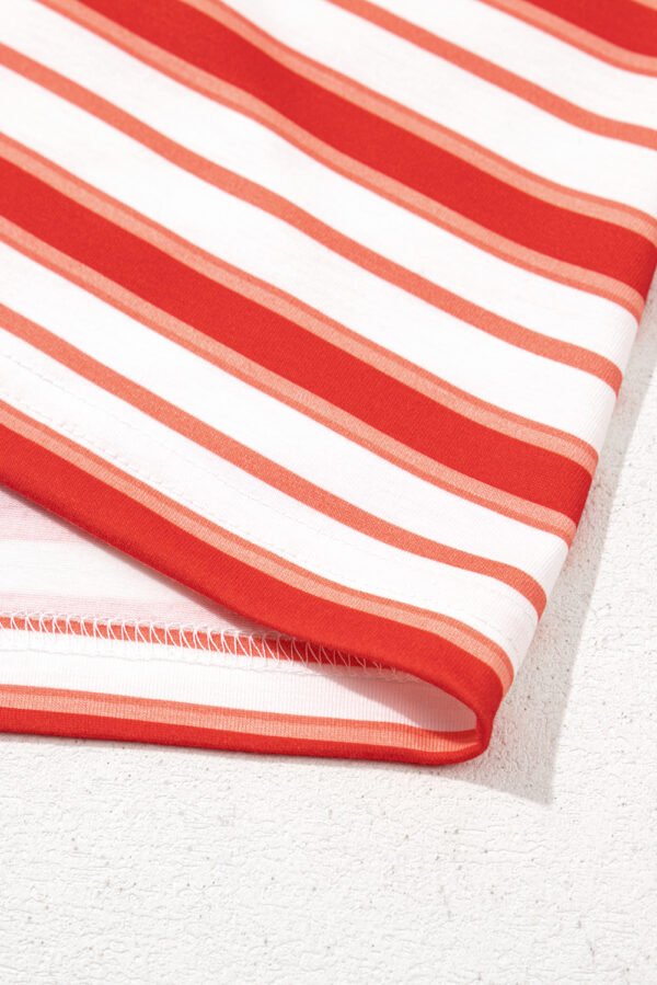 Tomato Red Stripe Print Contrast Collar Raglan Sleeve T Shirt