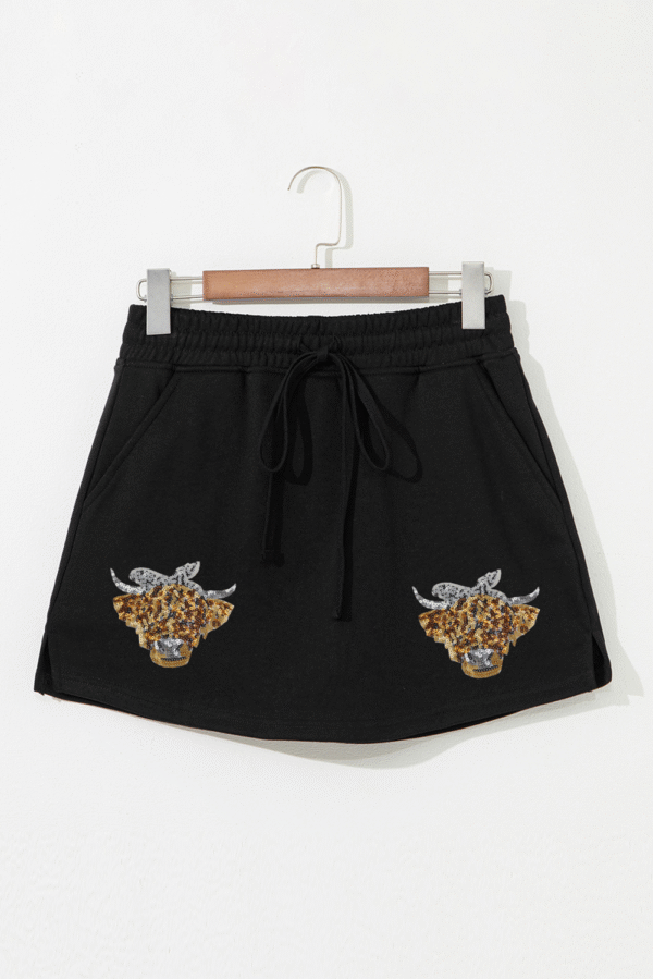 Black Sequin Heifer Patched French Terry Drawstring Skort