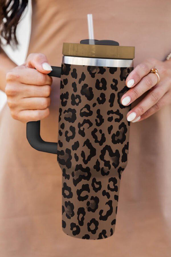 Coffee Leopard Print Handle Stainless Steel Large Vacuum Cup 40oz