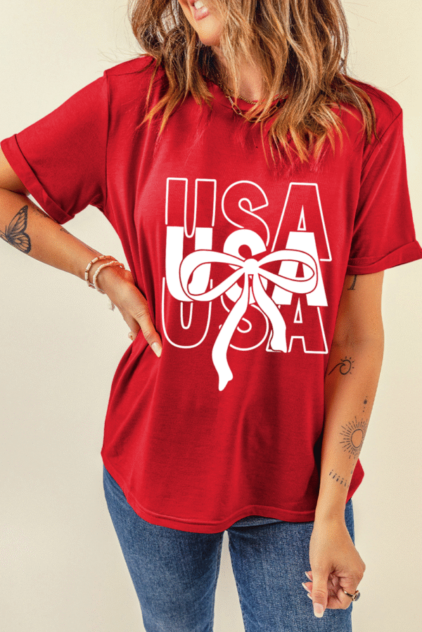 Red USA Bow Printed Casual Cotton Blend T Shirt