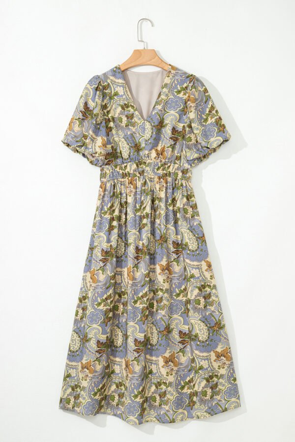 Multicolour Vintage Floral V Neck Short Puff Sleeve Long Dress