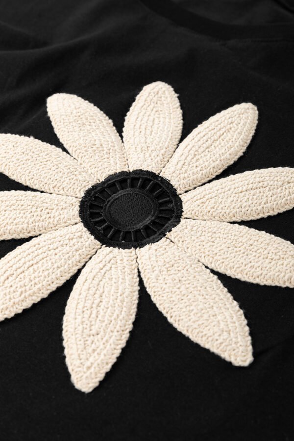 Black Contrast Crochet Floral Graphic Drop Shoulder Loose Tee