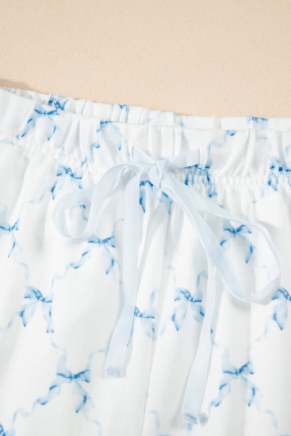 Sky Blue Bow Knot Geometric Print Lettuce Trim Two Piece Lounge Set