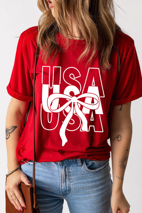 Red USA Bow Printed Casual Cotton Blend T Shirt