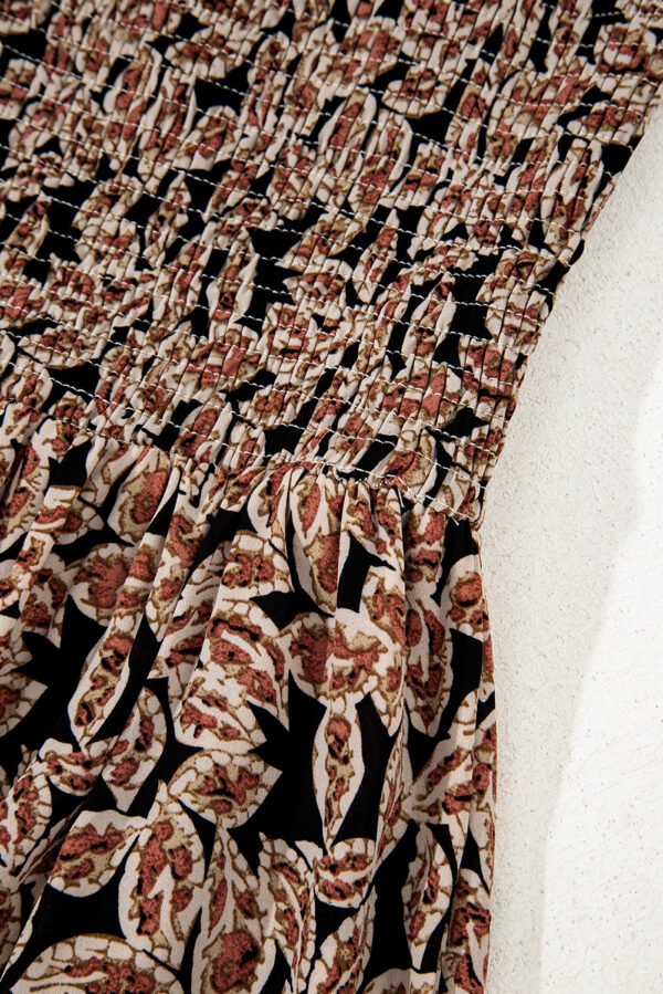 Brown Floral Smocked Bodice High Waist Flowy Sun Dress