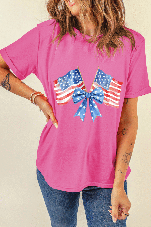 Sachet Pink Dual American Flag Bow Printed Casual T Shirt
