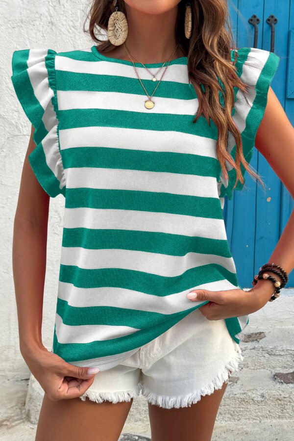 Green Stripe Flutter Sleeve Round Neck T Shirt