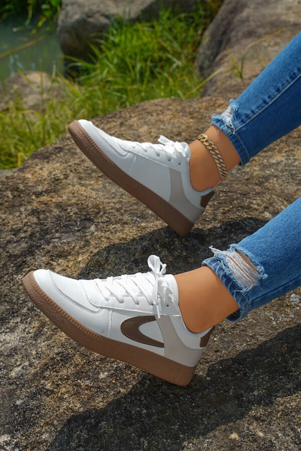 Coffee Color Contrast PU Leather Lace-up Sneakers