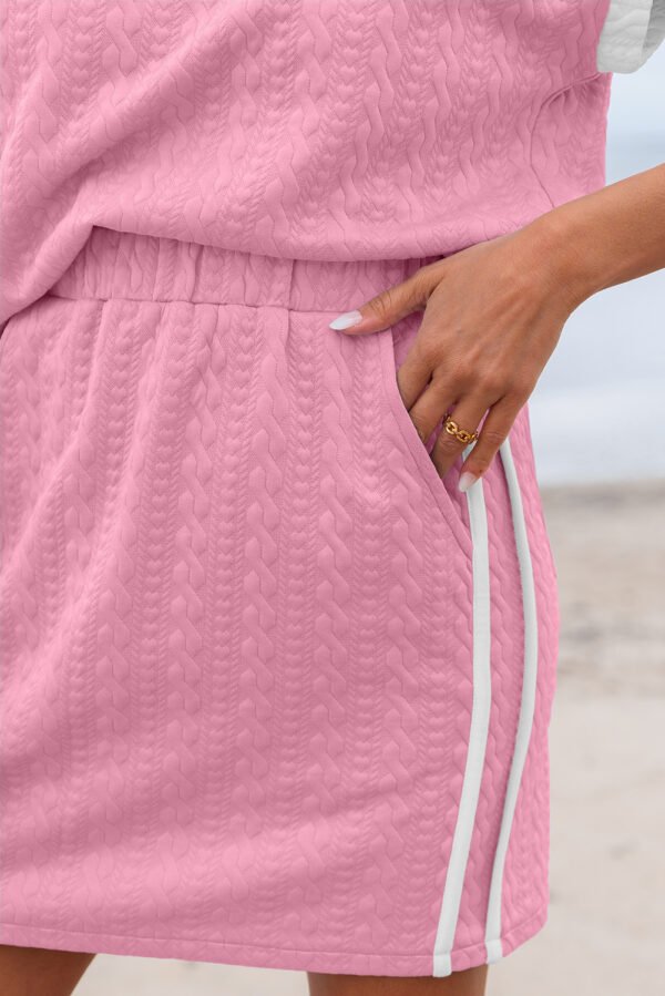 Pink Contrast Trim Textured Crewneck Tee and Pocketed Skirt Set