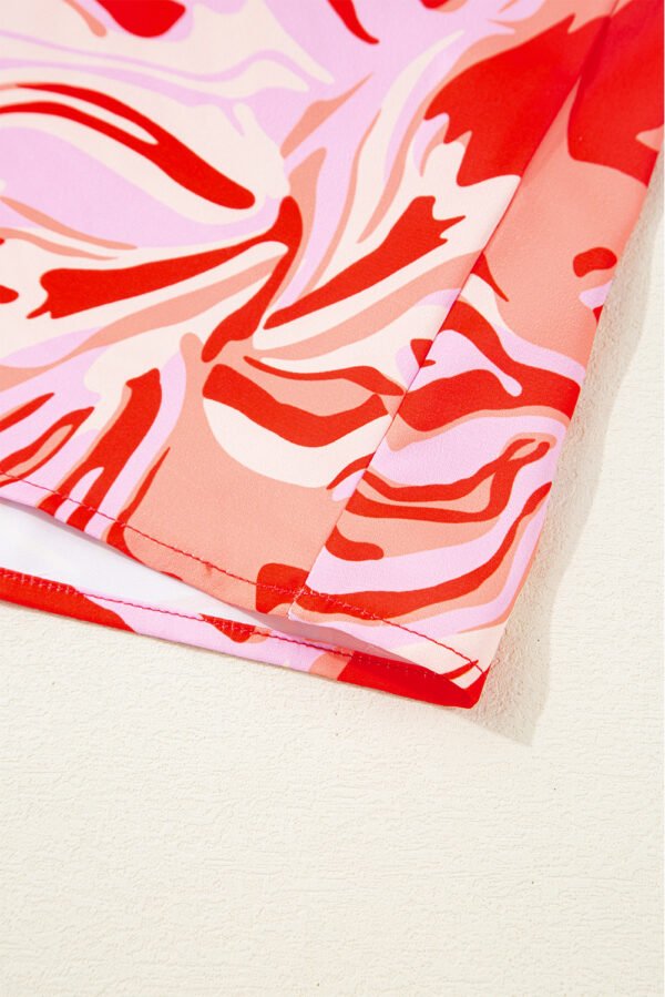 Red Abstract Print Ruffled Short Sleeve Mock Neck Blouse