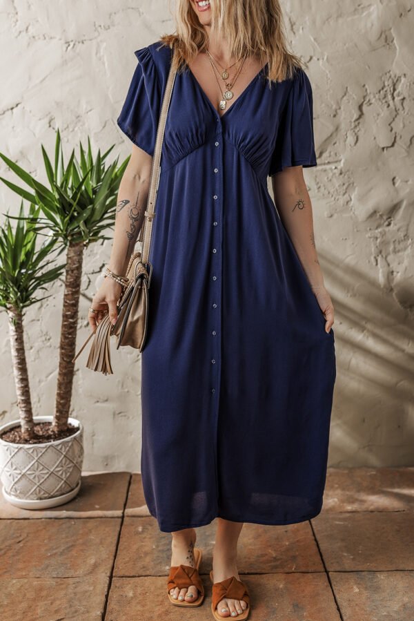 Navy Blue V Neck Buttoned Front Shirred Back Short Sleeve Midi Dress