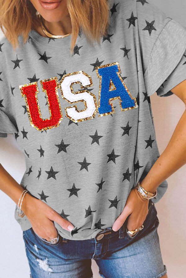 Gray USA Letter Patched Star Printed Ruffle Trim Sleeves Loose Tee