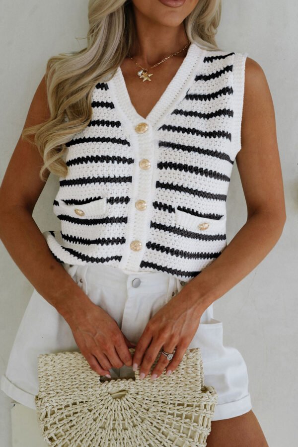 Black Stripe V Neck Gold Buttons Elegant Sweater Vest