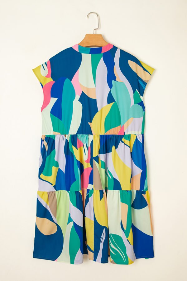 Blue Abstract Print V Neck Cap Sleeve Pocketed Mini Dress
