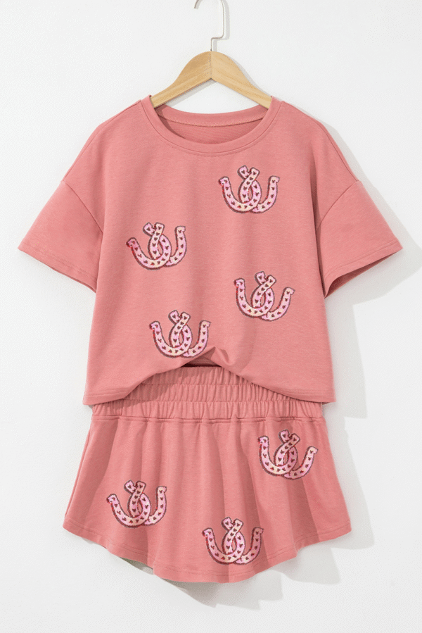 Blossom Sequin Horse Shoe Cropped Tee and High Waist Skort Set