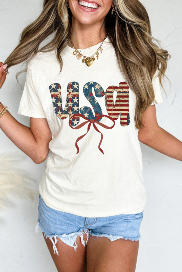 White usa Bow Letter Graphic Independence Day Fashion Tee