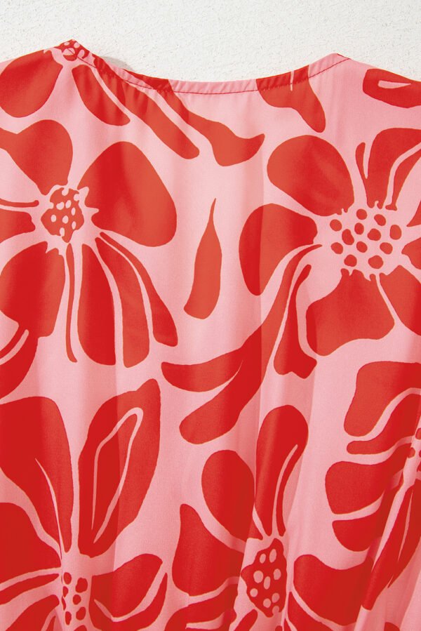 Red Boho Floral Short Sleeve V Neck Buttoned Shirred Waist Long Dress